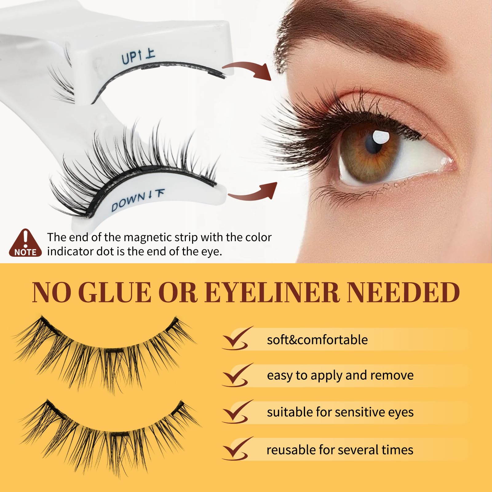 QUEWEL natural-look lashes delivering root-to-tip wispy effect.