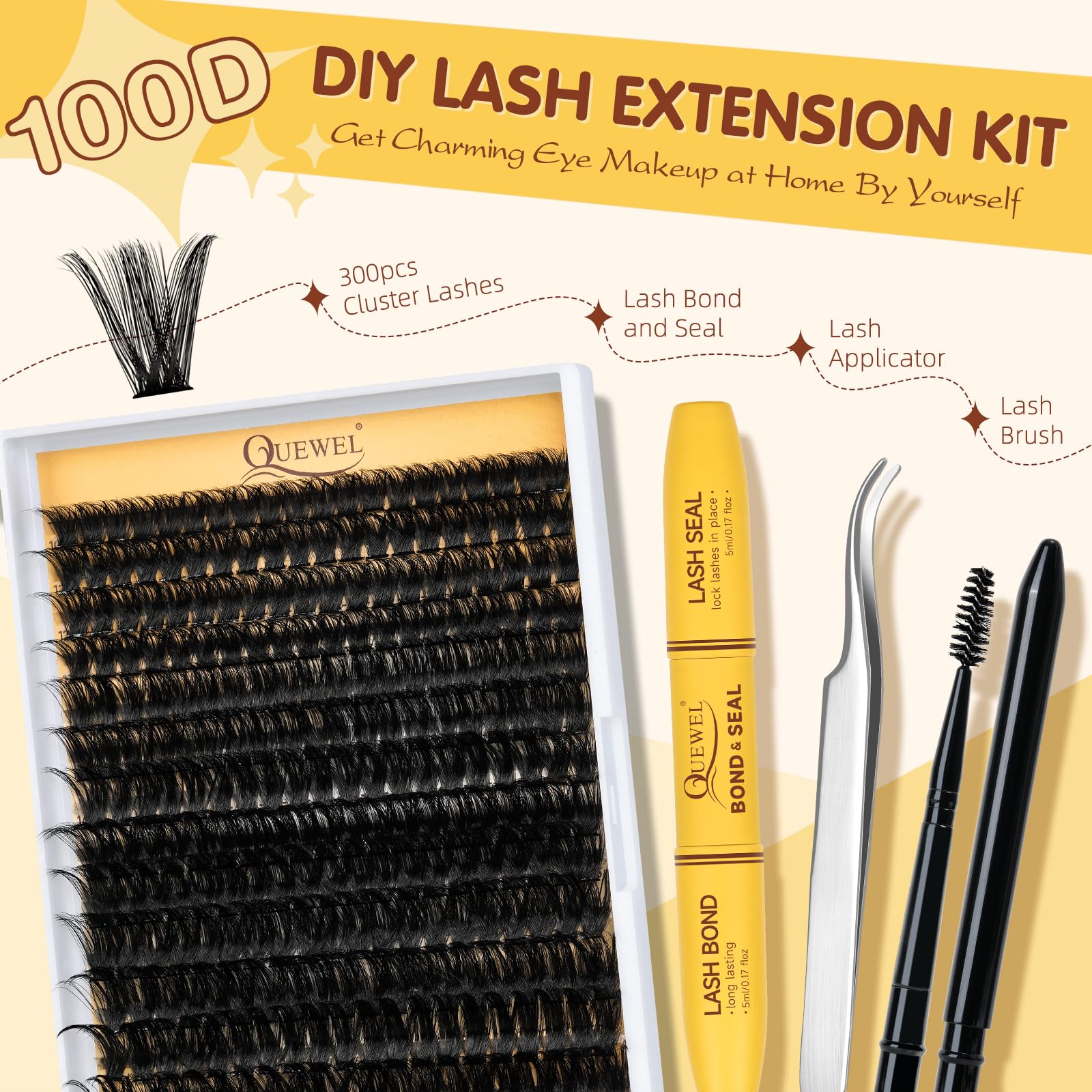 QUEWEL lash bond and seal demonstrated for durable, waterproof hold.