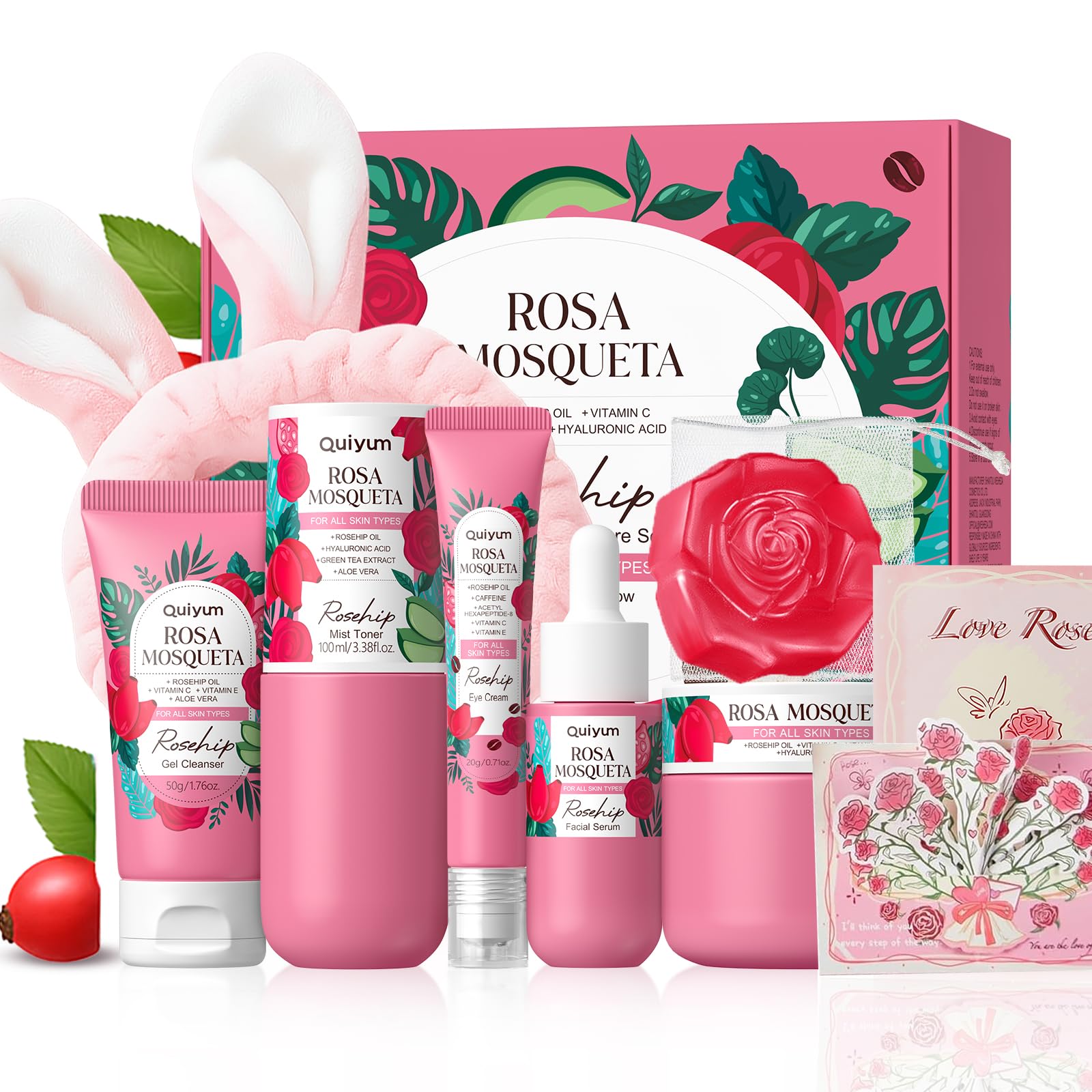 QUIYUM Rosehip Set Box showcases luxurious skincare for lasting hydration and nourishment.