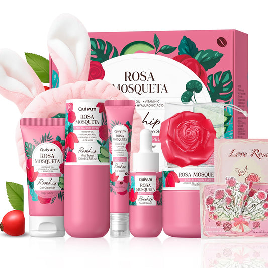 QUIYUM Rosehip Set Box showcases luxurious skincare for lasting hydration and nourishment.