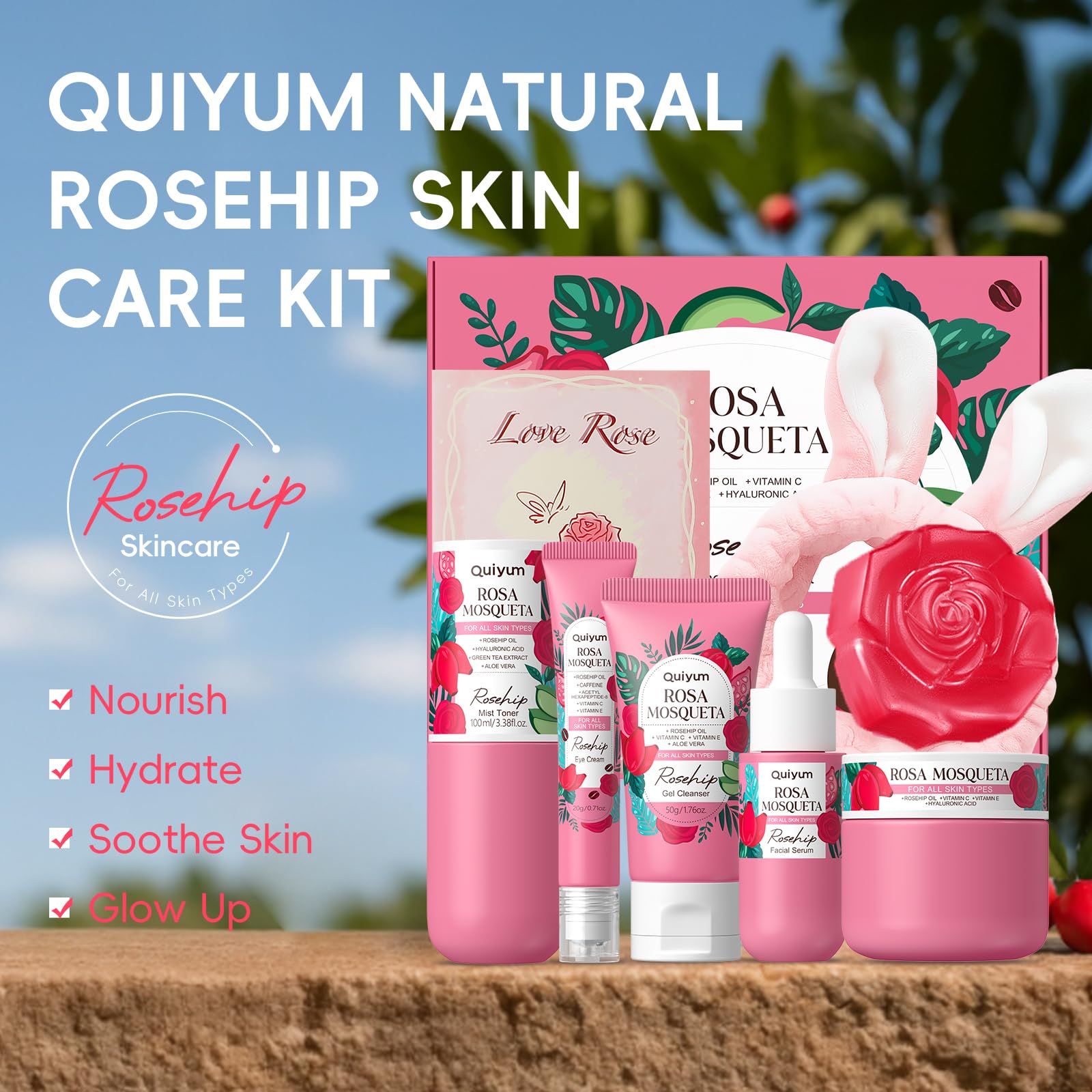 QUIYUM Rosehip Collection Jars highlight rich texture ideal for deep moisturization.