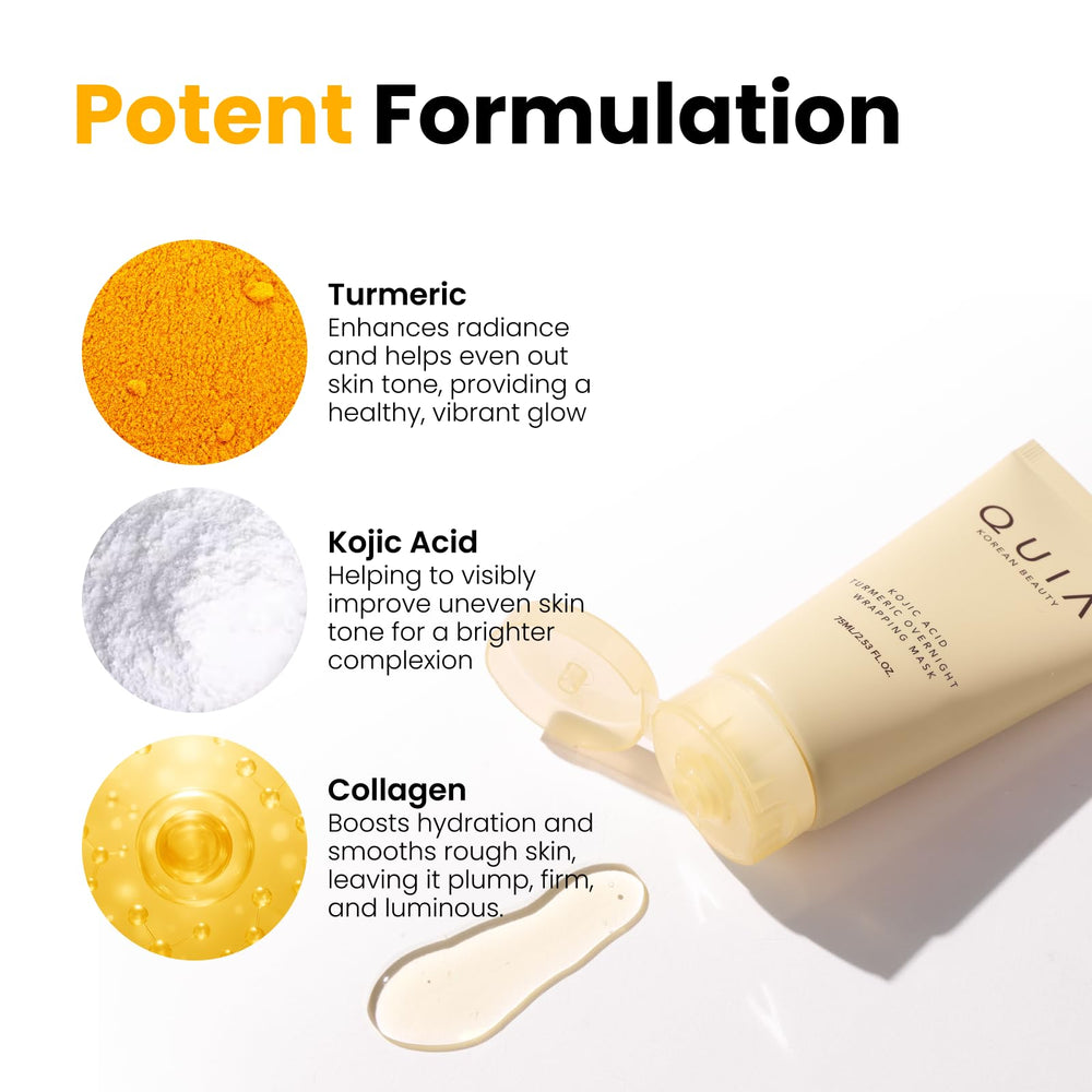 QUIA Beauty Turmeric + Kojic Overnight Wrap delivers smooth, hydrated skin texture