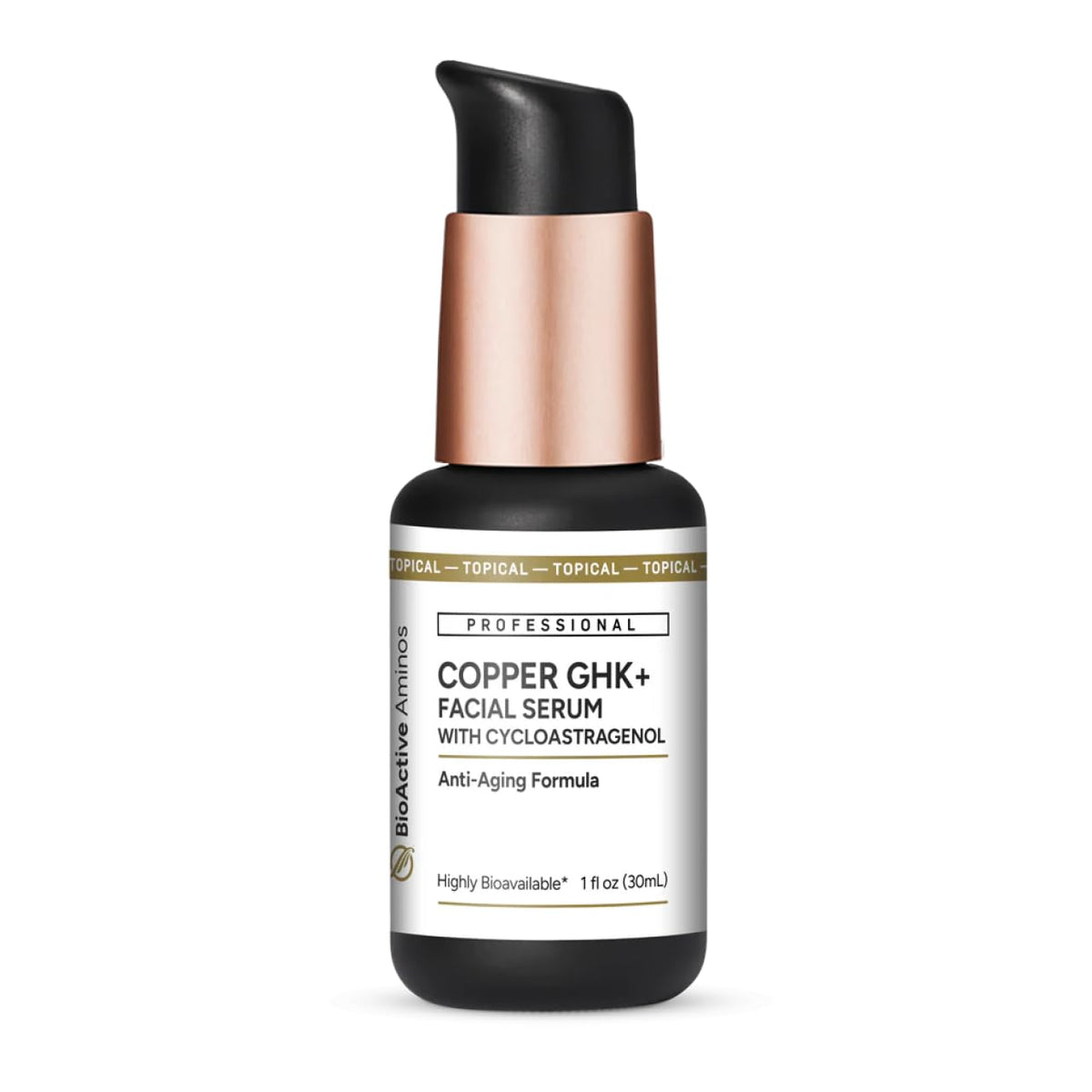 Quicksilver Copper GHK+ Serum bottle close-up showing hydration for a radiant complexion.