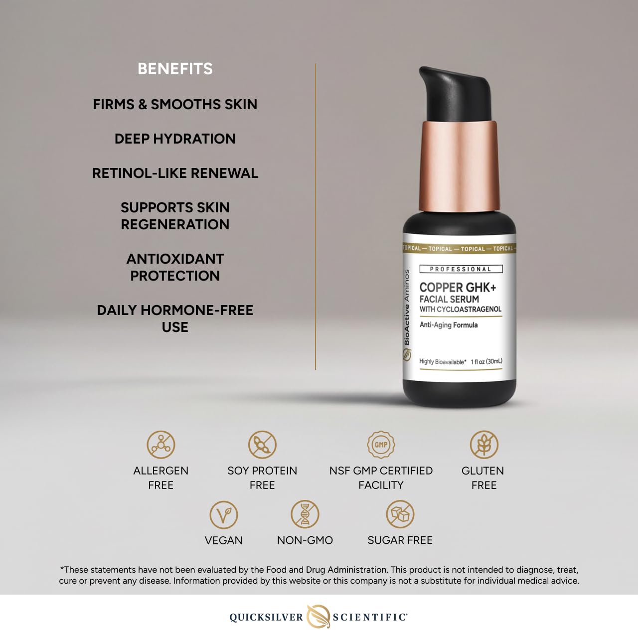 Quicksilver Copper GHK+ Serum with hyaluronic acid applied for deep hydration.