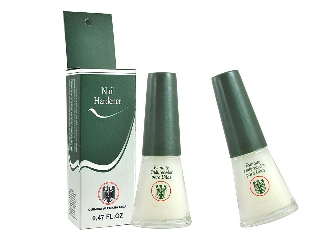 Química Alemana Nail Hardener bottle pour showing barrier protection against chipping