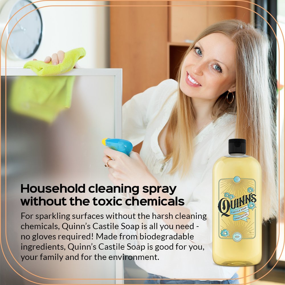 Quinn's Unscented Castile shows how to dilute for economical cleaning and less waste