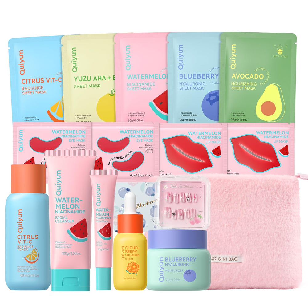 QUIYUM Fruit Skincare Set pink plush bag shown as a stylish travel accessory.