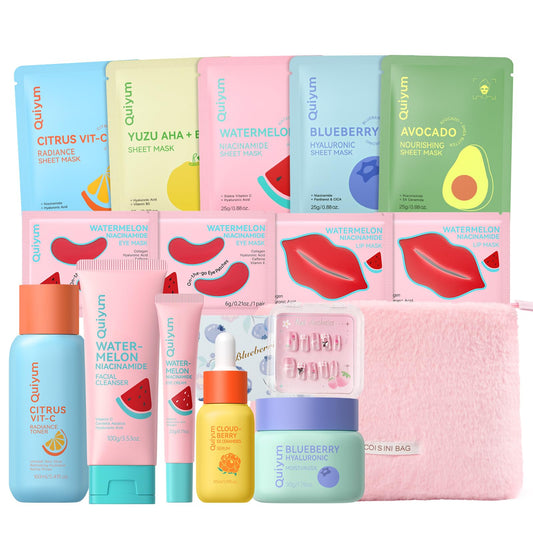 QUIYUM Fruit Skincare Set pink plush bag shown as a stylish travel accessory.
