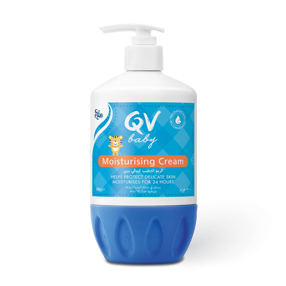 QV Ego Baby Moisturising Cream 500g packshot showing fragrance-free formula for delicate baby skin