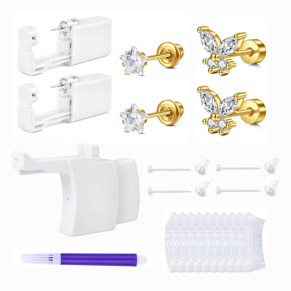 QWALIT ear piercing kit with a gold gun and earrings for at-home use.