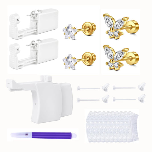 QWALIT ear piercing kit with a gold gun and earrings for at-home use.