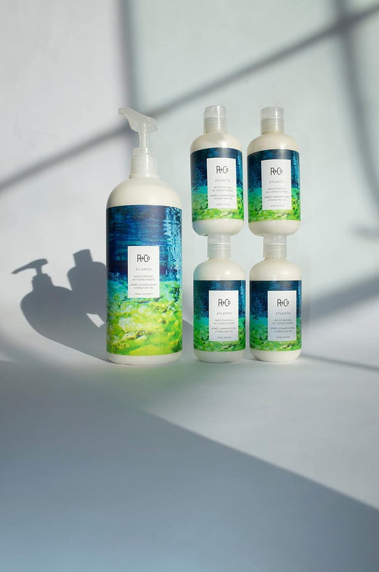 R+Co Atlantis conditioner bottle back label with ingredients and usage information