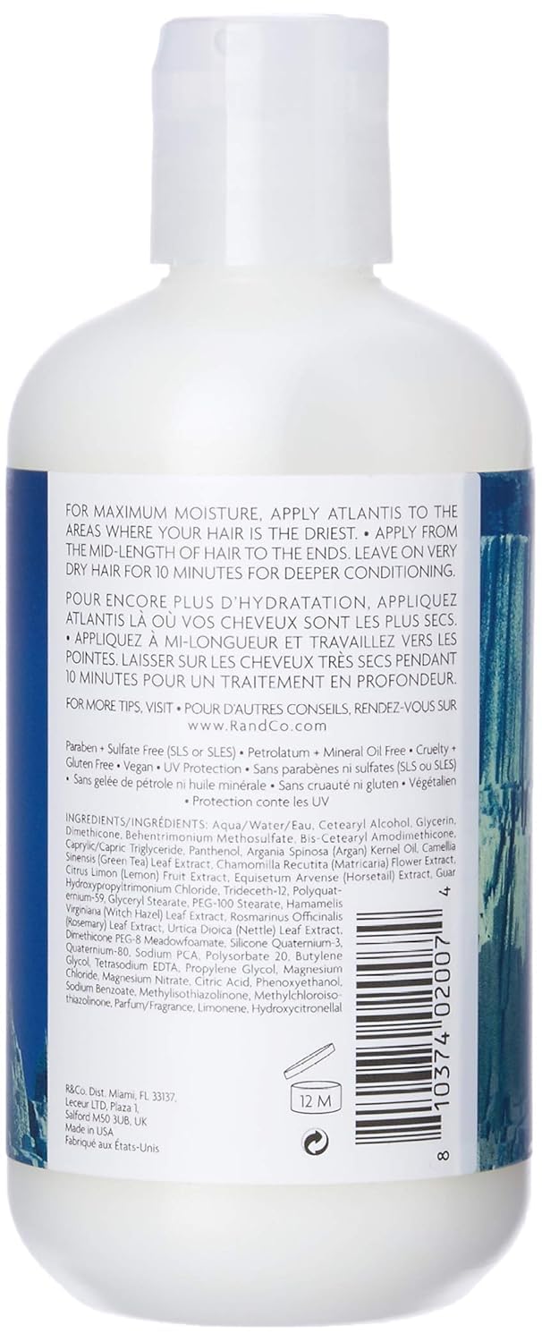 R-Co Atlantis label close-up highlighting moisture-rich formula for frizz control