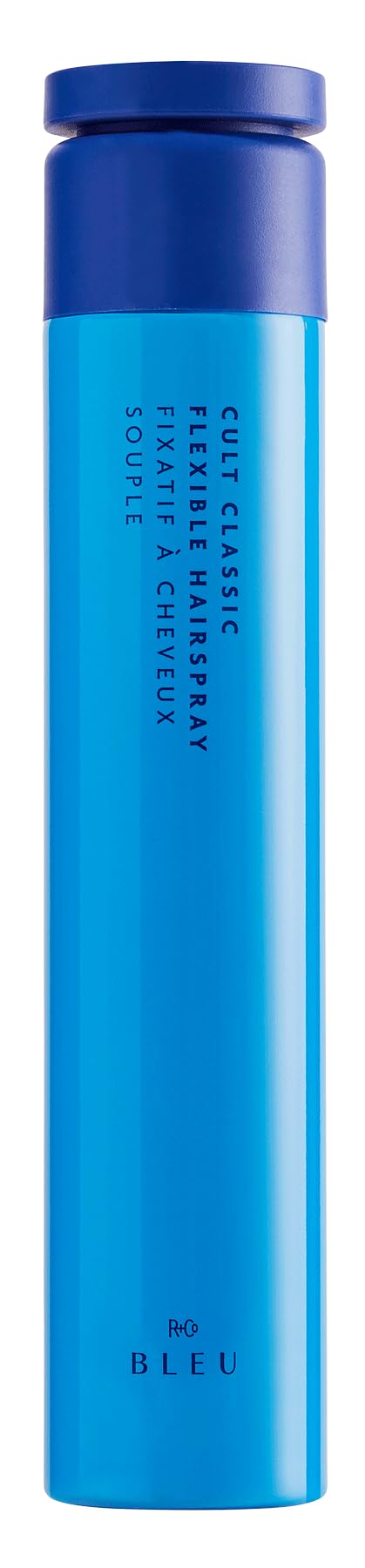 R+Co BLEU Cult Classic hairspray bottle on display for flexible hold