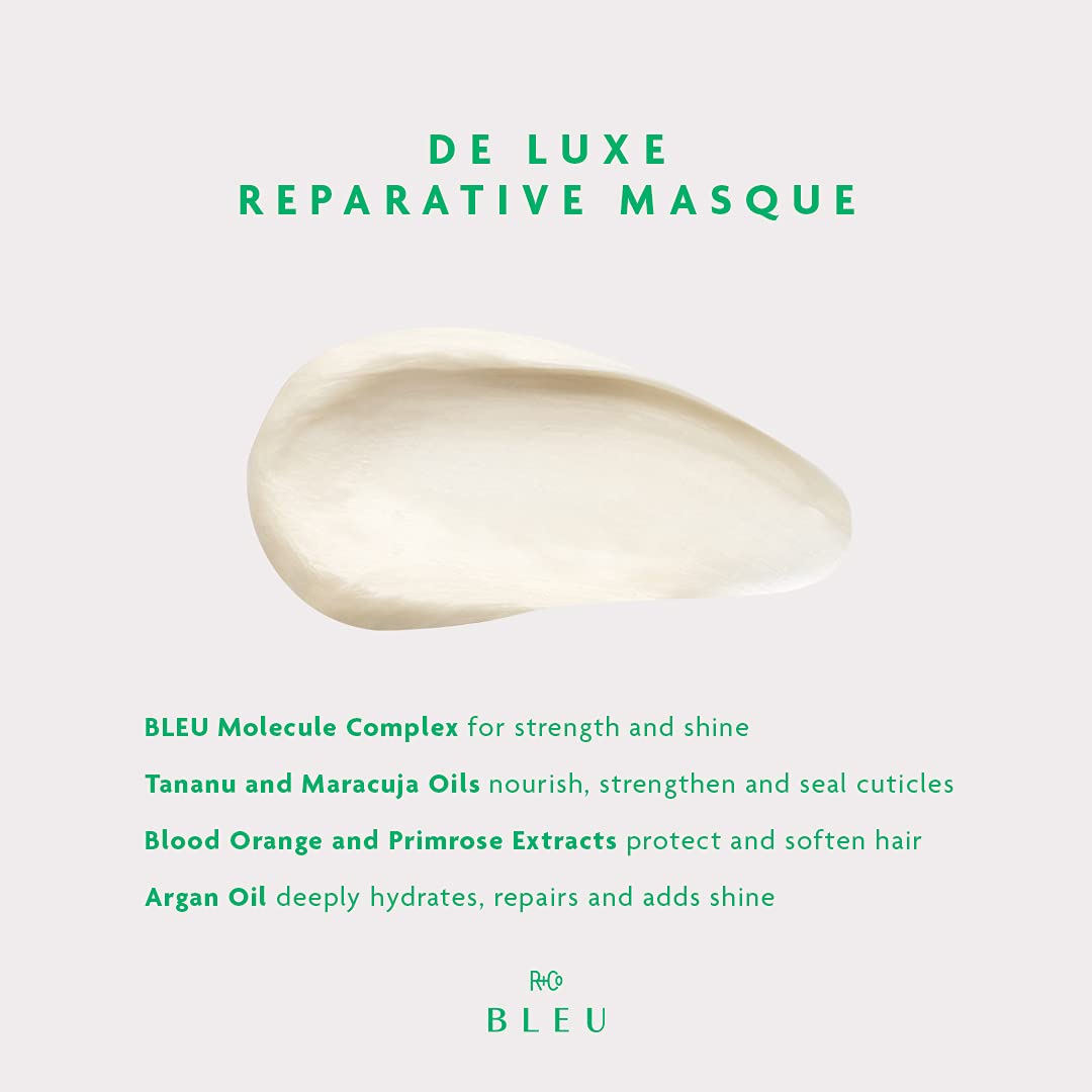 R+Co BLEU De Luxe Reparative Masque cream texture emphasizes hydration and smoothing for dry hair.