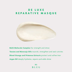 R+Co BLEU De Luxe Reparative Masque cream texture emphasizes hydration and smoothing for dry hair.