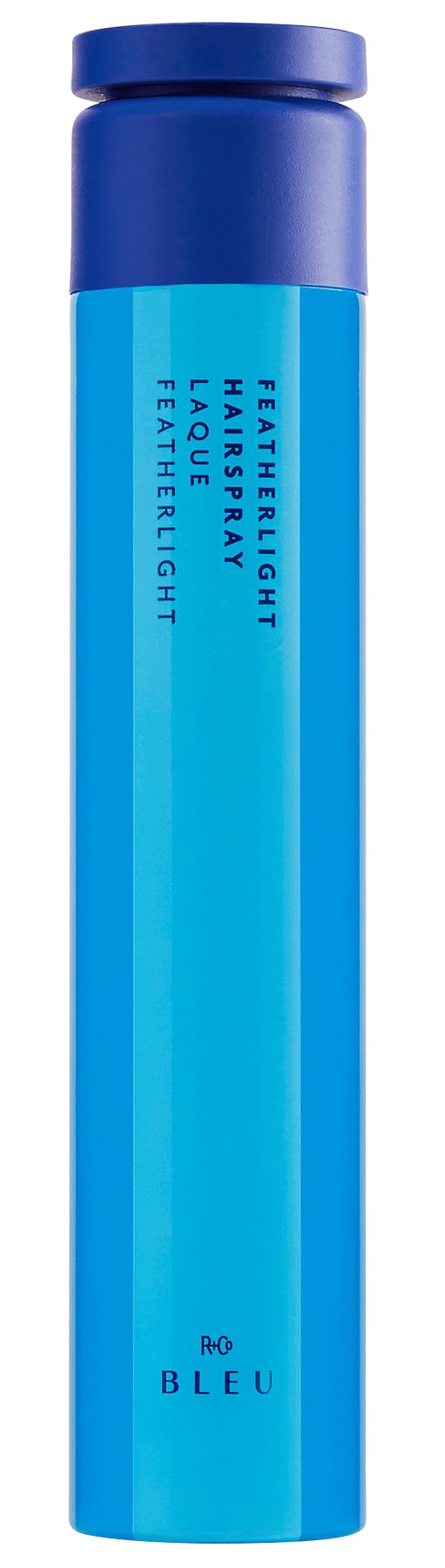 R+Co BLEU Featherlight hair spray bottle shows lightweight control and shine.
