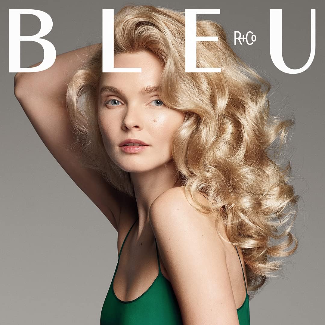 R+Co BLEU bottle side profile emphasizing nourishment and shine protection for color retention.
