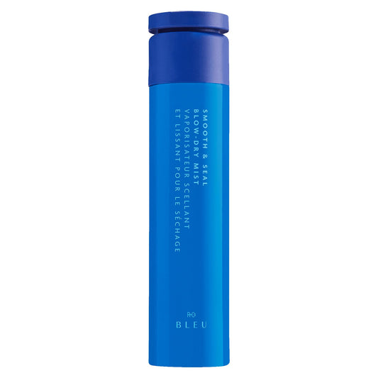 R+Co BLEU bottle close-up highlighting heat protection for smooth, frizz-free styling