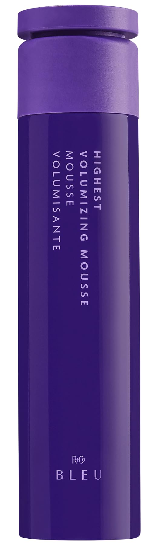 R+Co Blue Highest Volumizing Mousse bottle showing premium packaging and weightless volume.