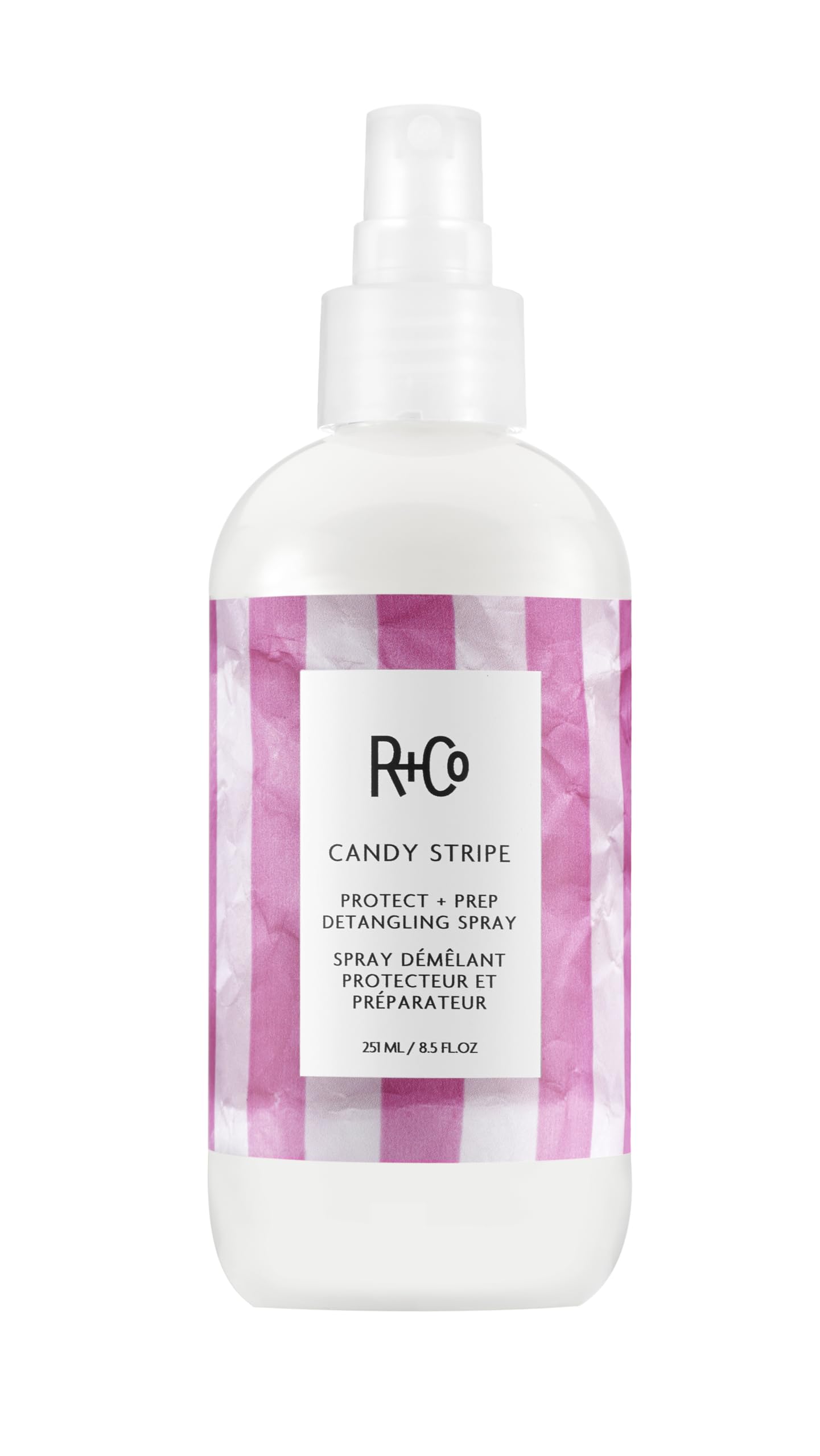 R+Co Candy Stripe Protect + Prep bottle ready for quick detangling and protection.