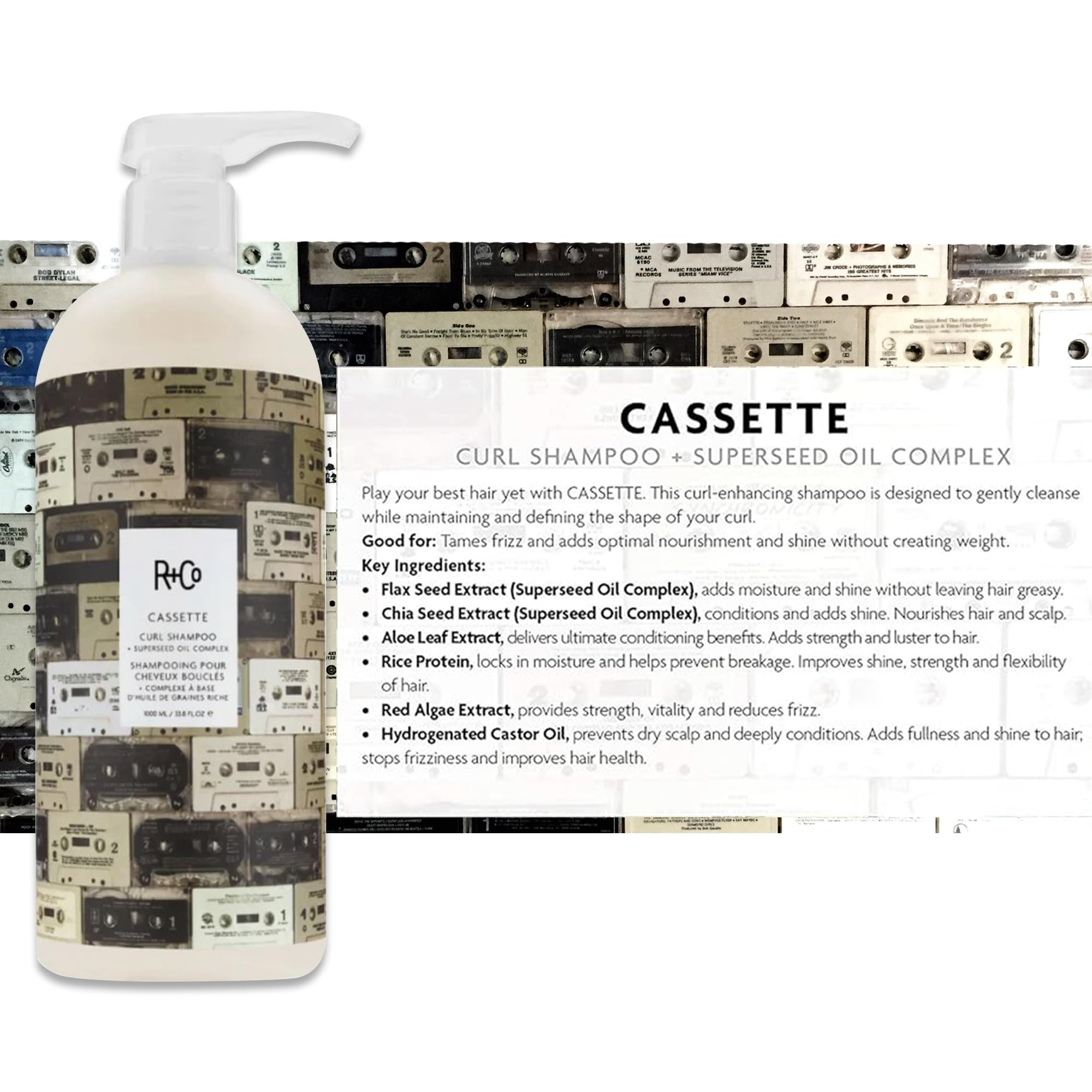R+Co Cassette conditioner bottle emphasizing hydrated, softer curls after use.