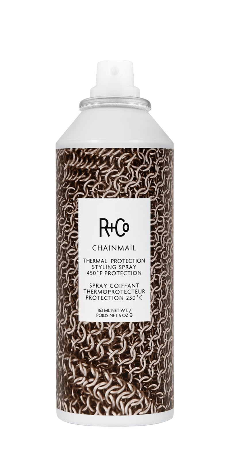 R+Co Chainmail heat protection spray bottle front for heat-ready styling