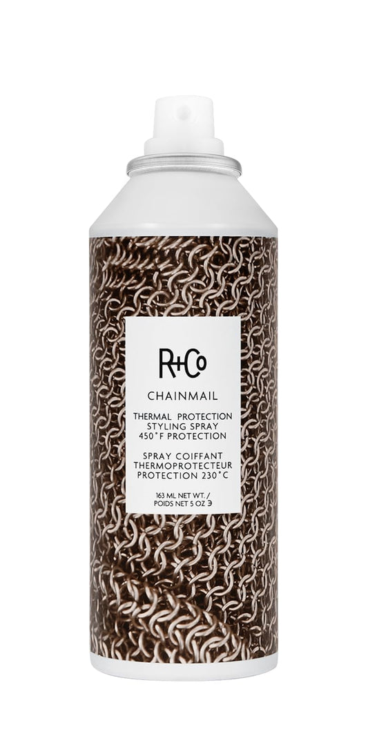 R+Co Chainmail heat protection spray bottle front for heat-ready styling