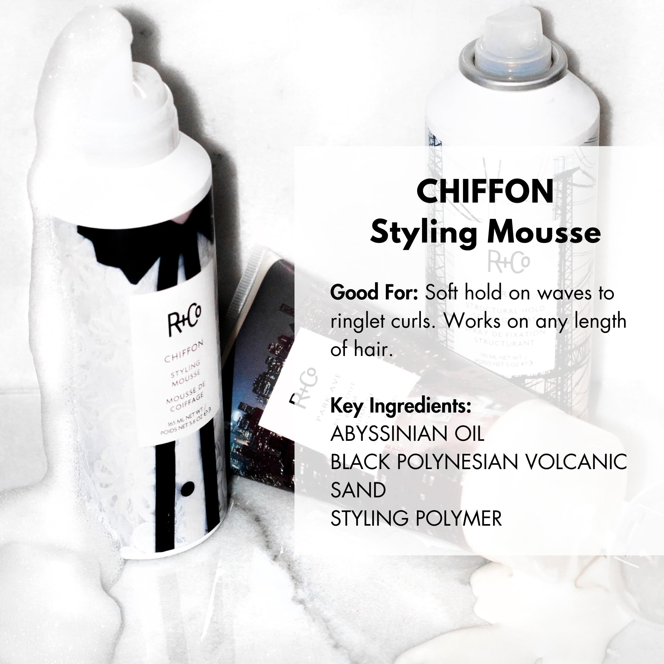 R+Co Chiffon Styling Mousse cap close-up shows sleek design
