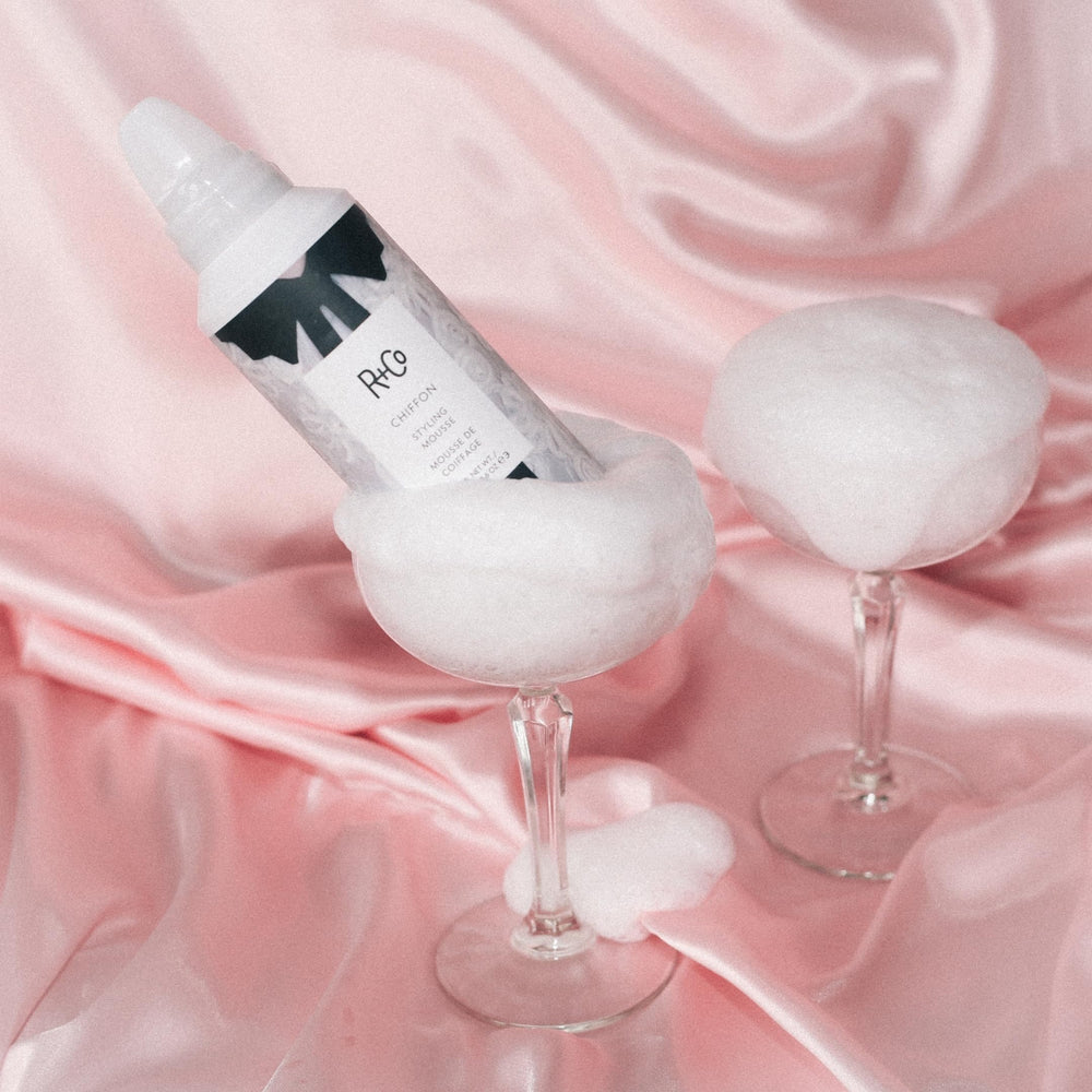 R+Co Chiffon Styling Mousse creates a shiny finish on hair
