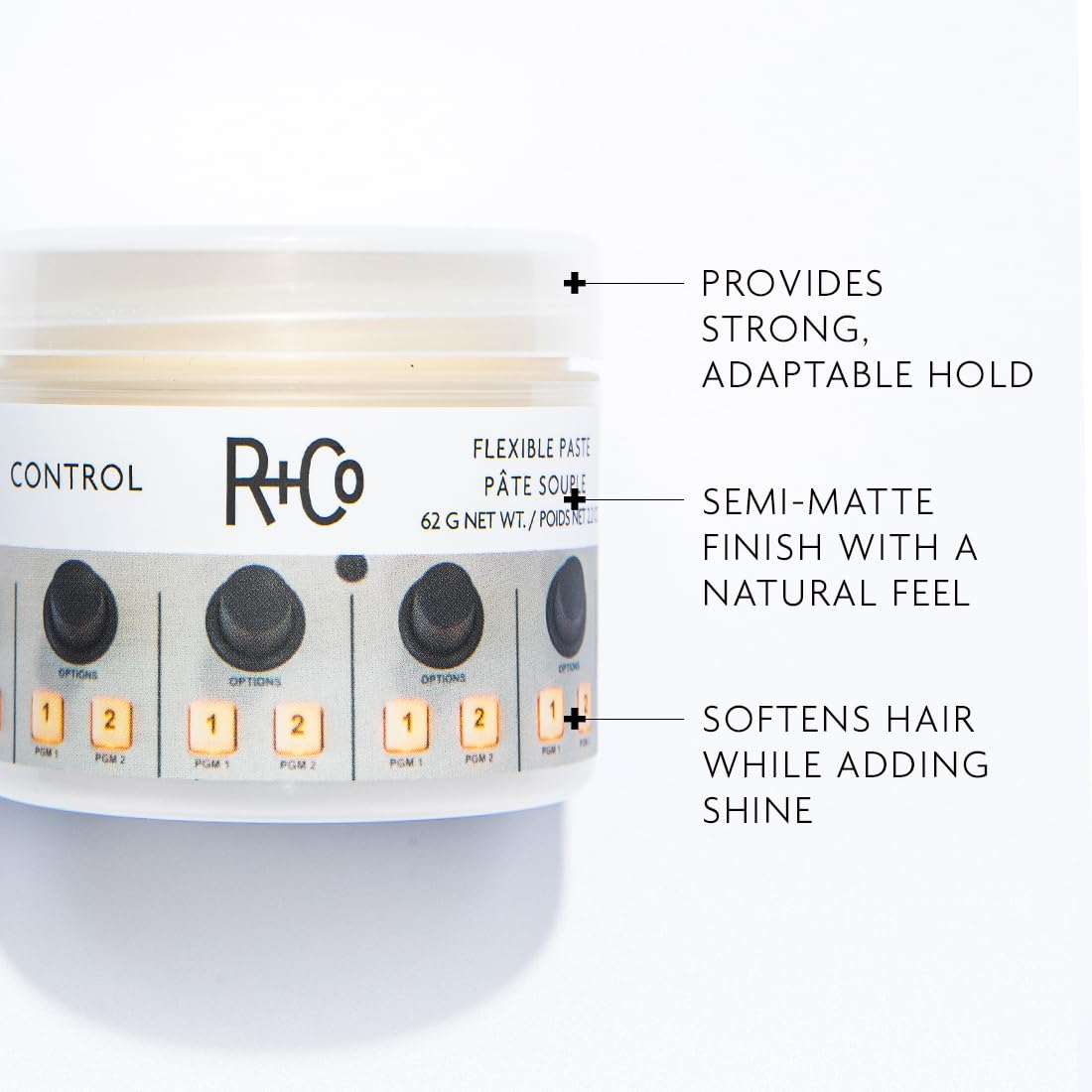 R+Co Control Flexible Paste on textured hair for defined, tousled looks