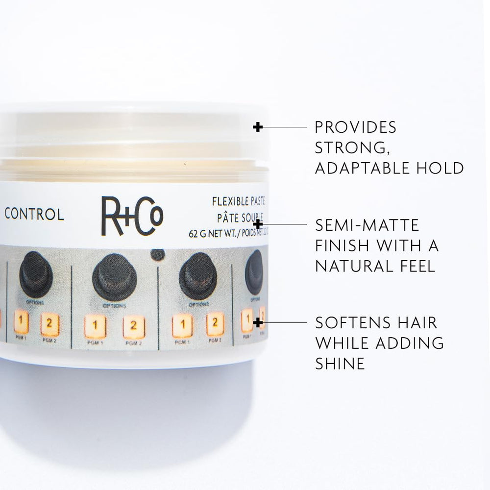 R+Co Control Flexible Paste on textured hair for defined, tousled looks