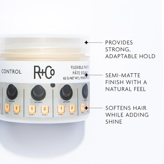 R+Co Control Flexible Paste on textured hair for defined, tousled looks