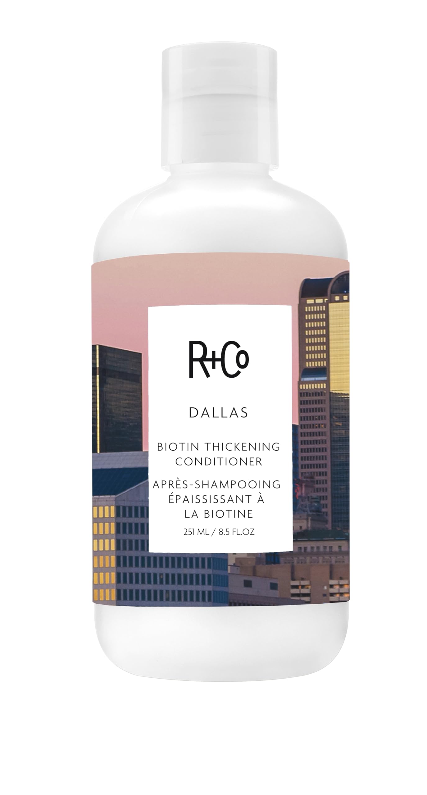 R+Co Dallas Biotin Thickening Conditioner bottle with weightless hydration for fuller hair