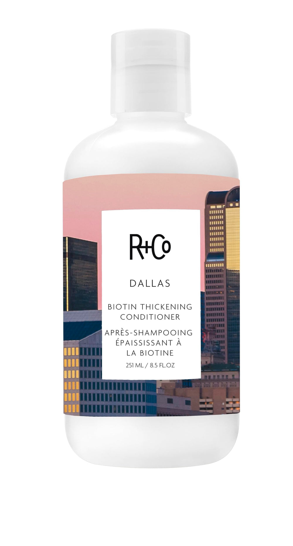 R+Co Dallas Biotin Thickening Conditioner bottle with weightless hydration for fuller hair