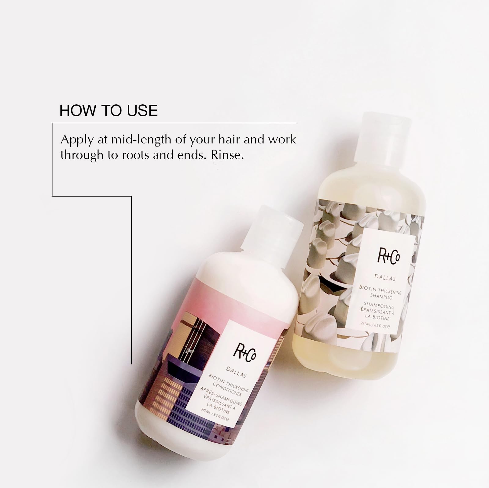 R+Co Dallas Biotin Thickening Conditioner bottle supports lift and shine.