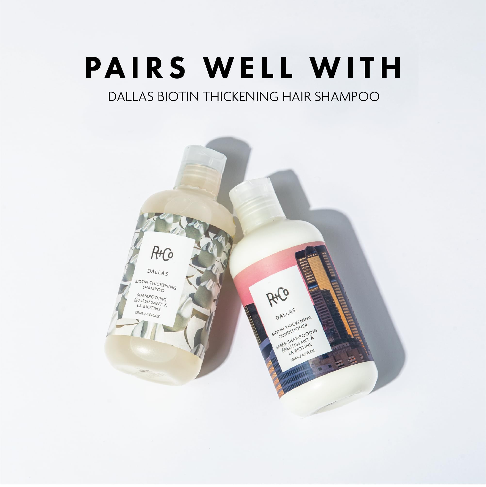 R+Co Dallas packaging side view emphasizes 8.5 oz bottle size