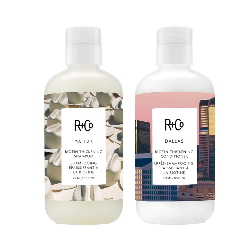 R+Co Dallas Biotin Thickening Shampoo bottle boosts volume for fine hair.