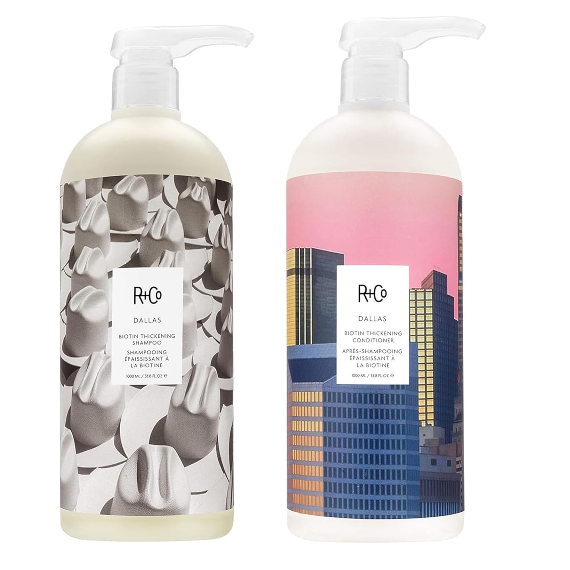 R+Co Dallas Biotin Thickening Shampoo bottle promotes fuller-looking hair.