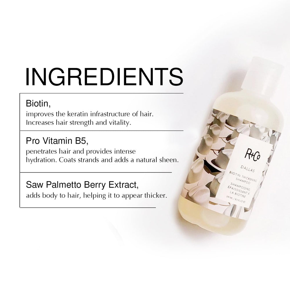 R+Co Dallas Biotin Thickening Shampoo label emphasizes sulfate-free formula.