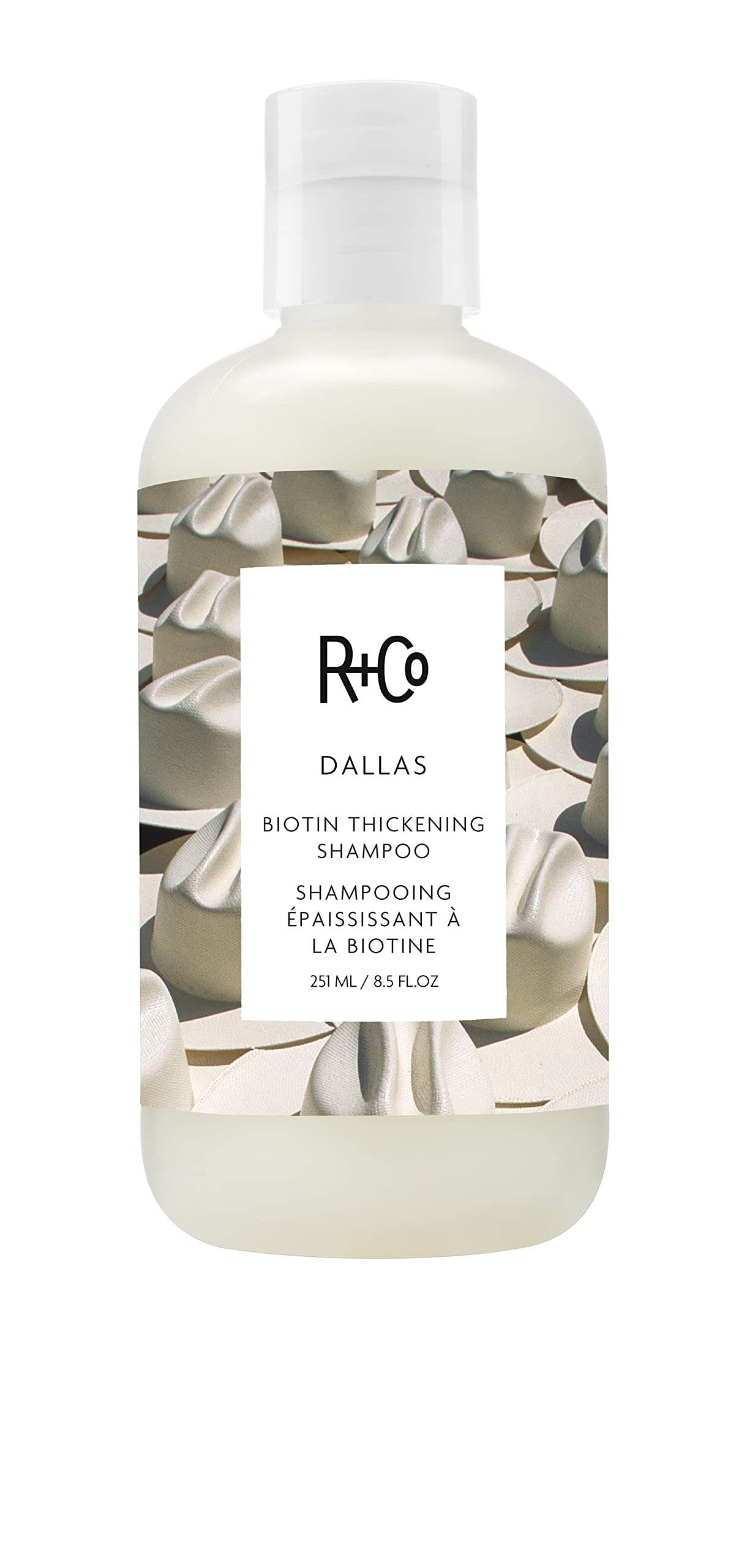 R+Co Dallas Thickening Shampoo bottle front view highlights vegan, cruelty-free branding for voluminous hair.