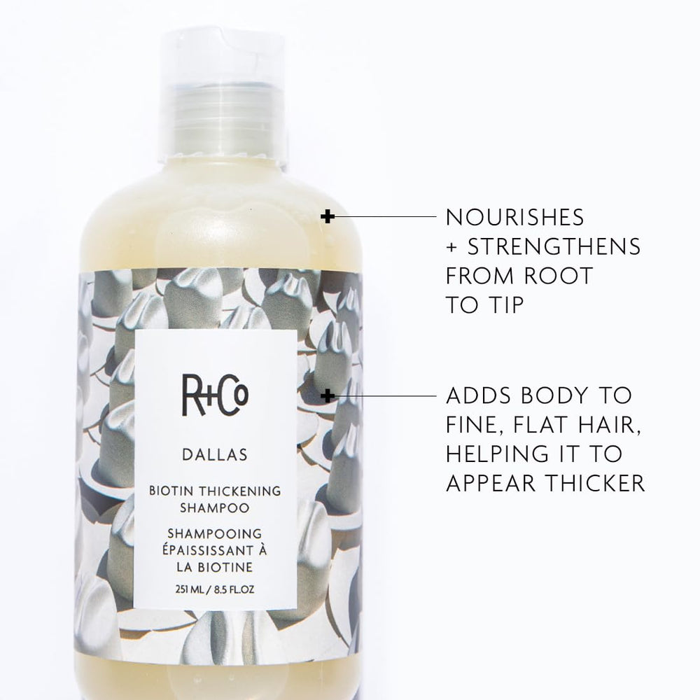 R+Co Dallas Thickening Shampoo pump bottle shown for easy daily use and added volume.