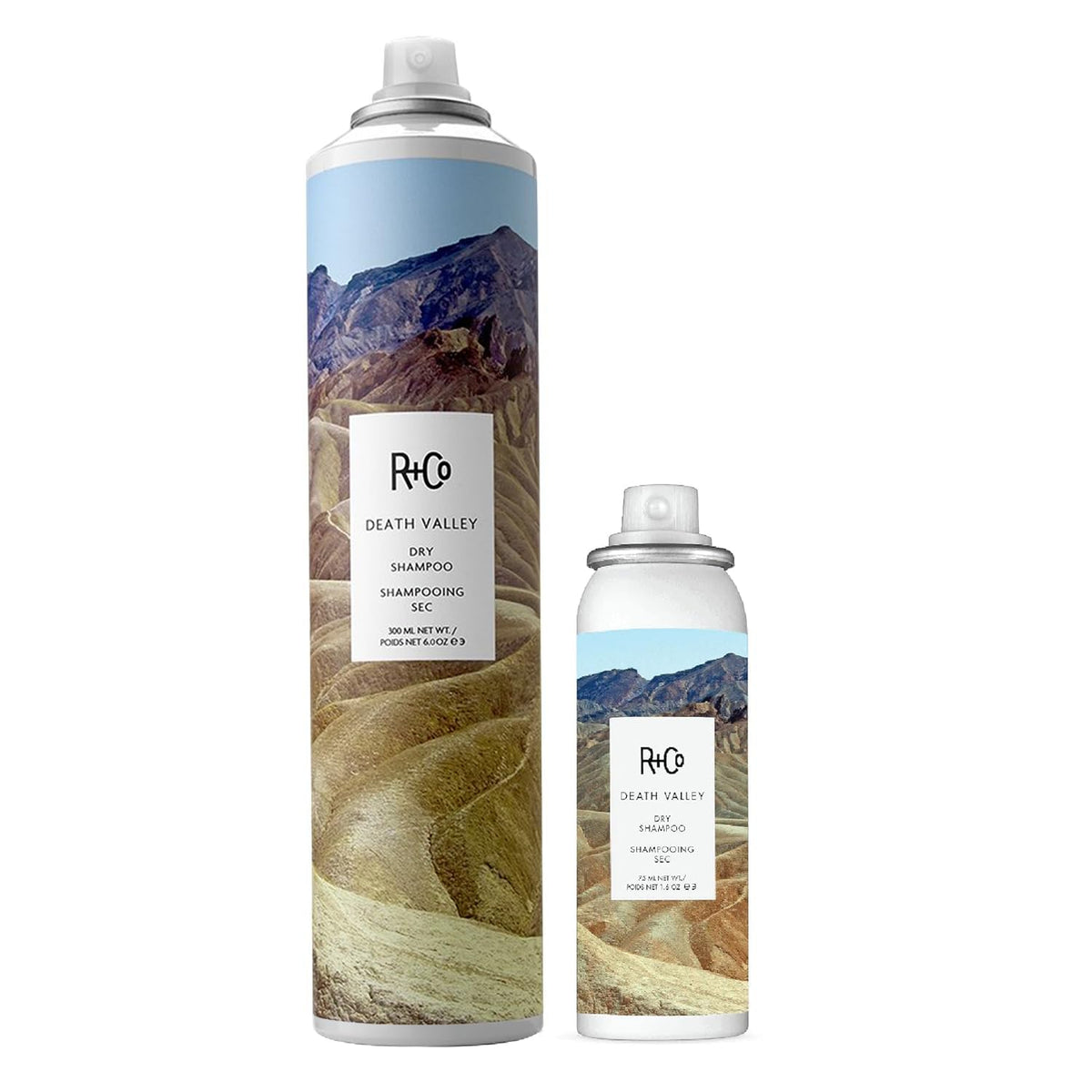 R+Co Death Valley Dry Shampoo Set packaging highlights premium vegan formula and ready-to-go convenience.