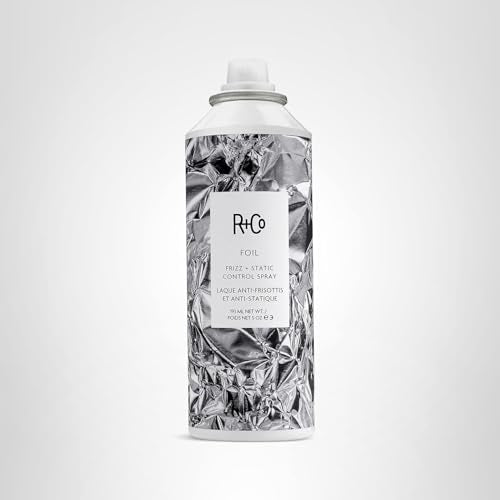Hair after applying R+Co Foil Frizz + Static Control Spray shows smooth, static-free results.