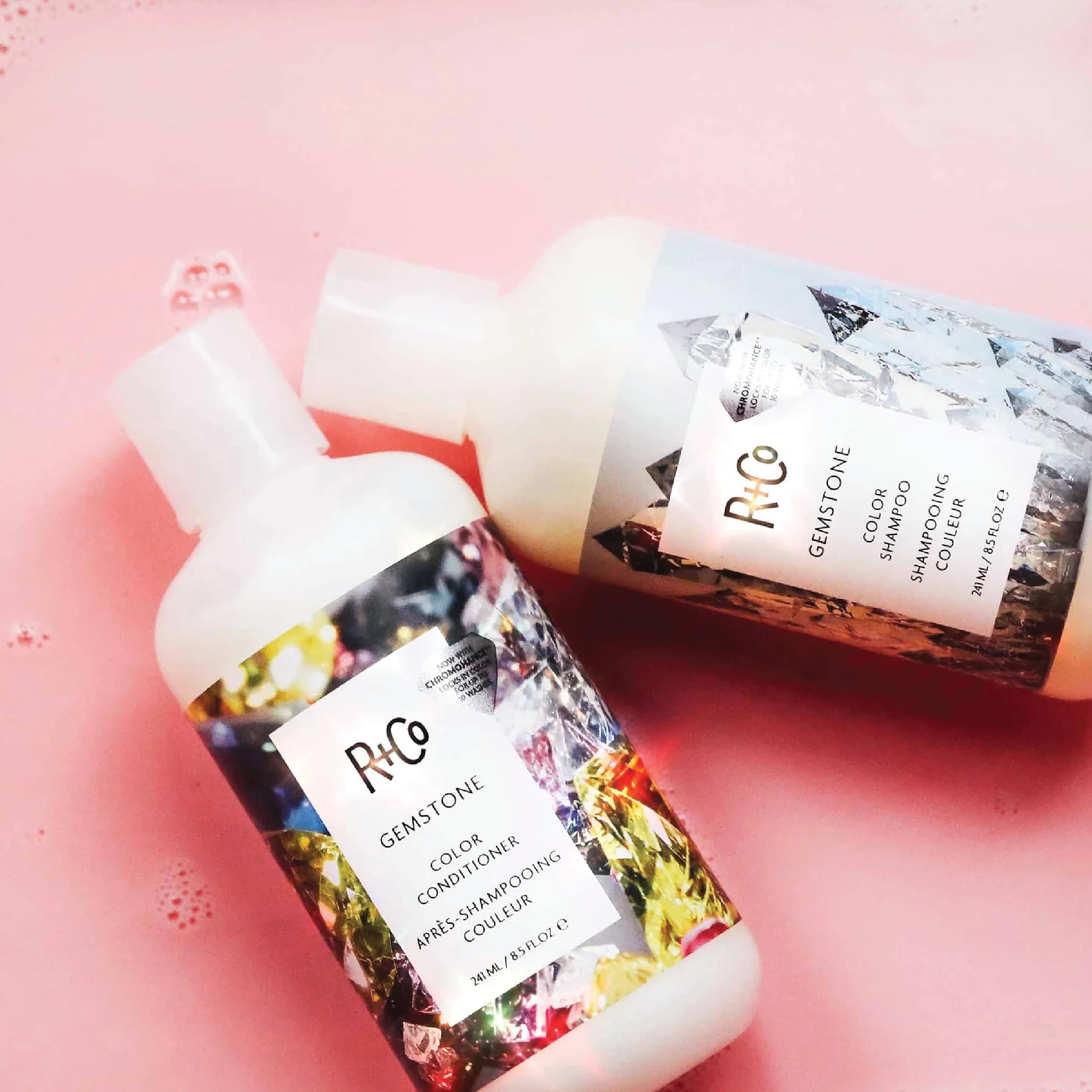 Graphic label for R+Co Gemstone Color Protection emphasizes color longevity.