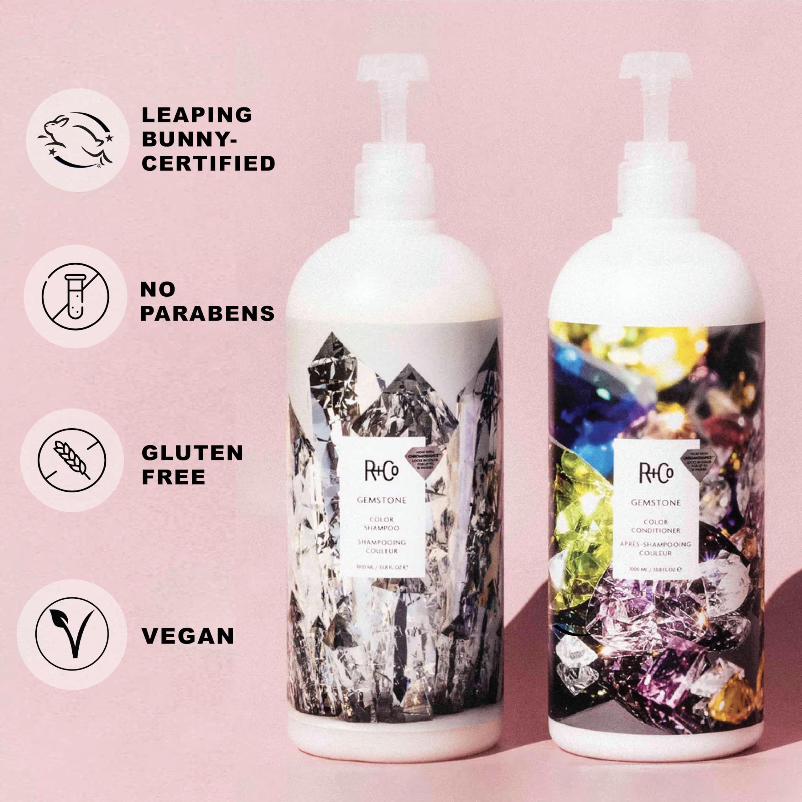 R+Co Gemstone Color Shampoo pour demonstrates light, color-safe cleansing