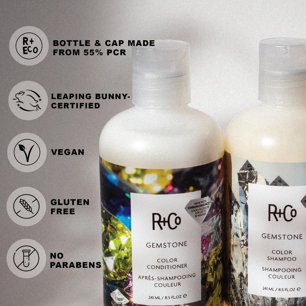 R+Co Gemstone Color Travel Set packaging highlighting color protection and convenience.