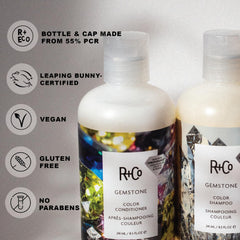 R+Co Gemstone Color Travel Set packaging highlighting color protection and convenience.
