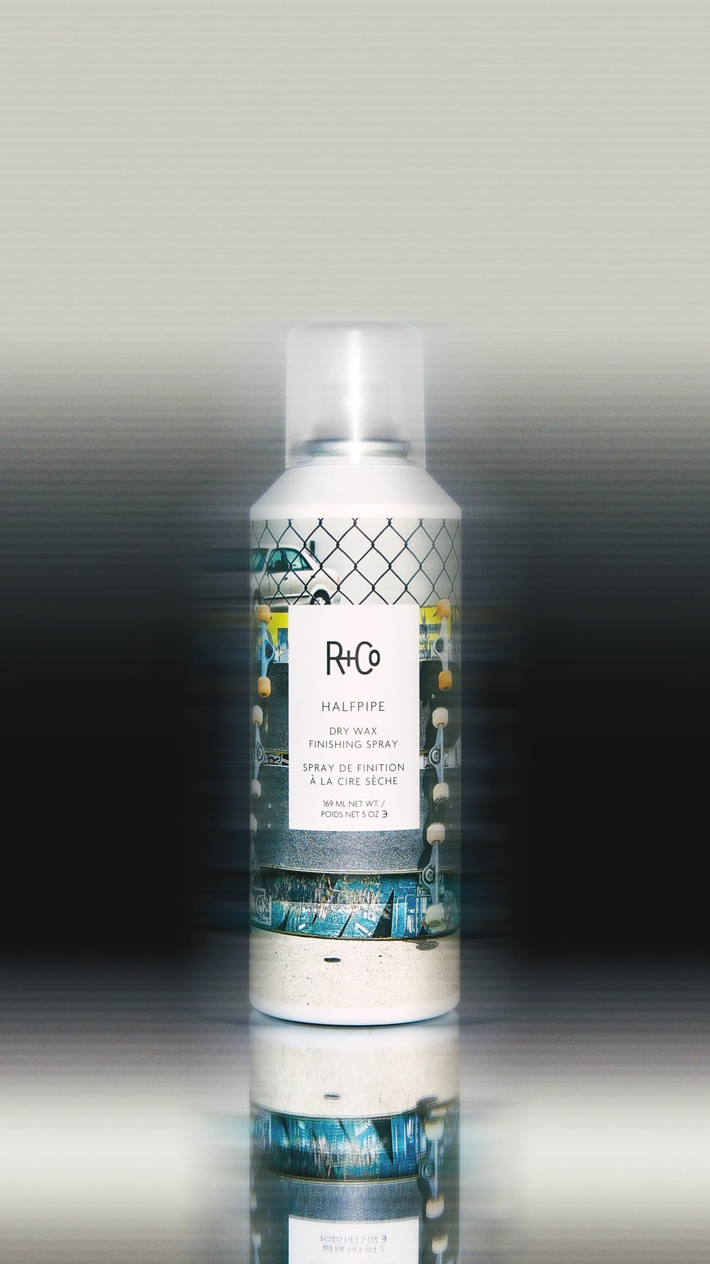 R+Co Halfpipe spray on model hair adds volume.