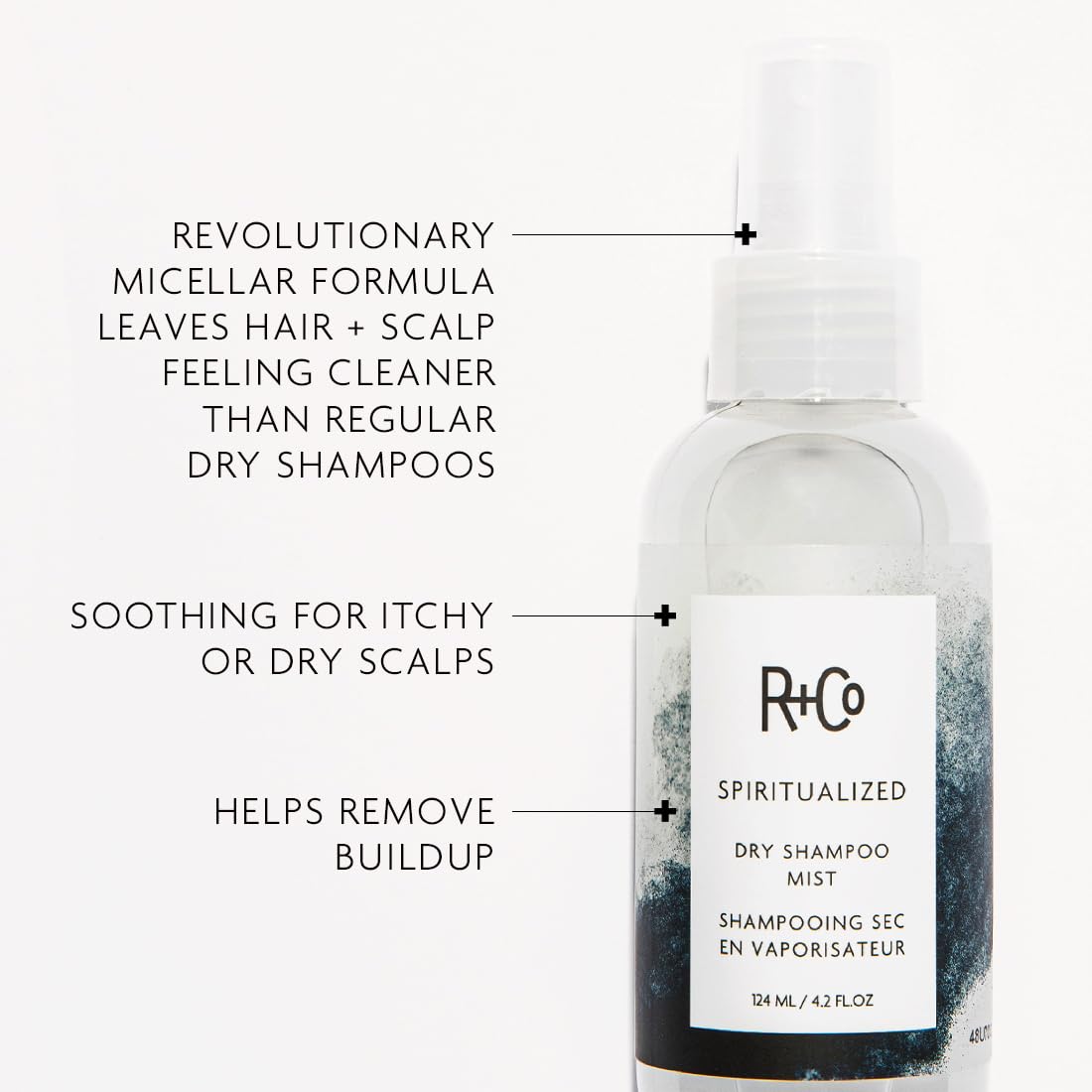 R+Co Spiritualized Dry Shampoo Mist micellar formula cleanses while refreshing the scalp.